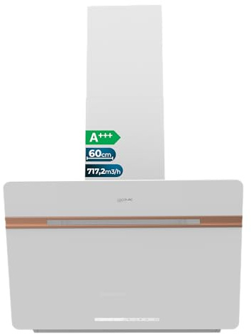 Cecotec Cappa Aspirante Decorativa 60 cm Bolero Flux DT 607500 Matt White A+++. Portata 717,2 m³/h, Funzione Booster, Vetro Opaco/Lucido, Dettagli Rame, Filtri Alluminio, Classe A+++