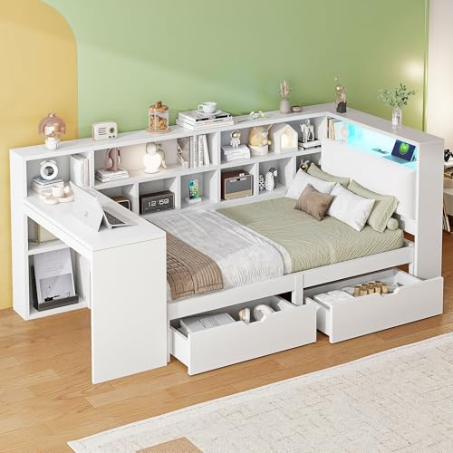 YuQozii Letto a piattaforma in legno a forma di L 90x200 con scrivania e libreria, letto capitano angolare con testiera imbottita, cassetti sotto il letto, luce LED - bianco