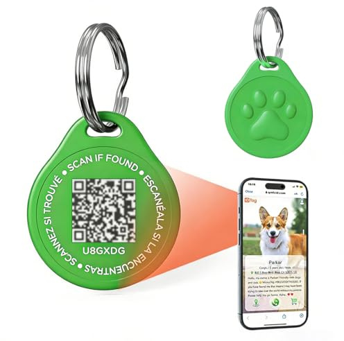 PHYNDR Médaille pour animaux de compagnie avec code QR, médaille anti-perte, médaille pour chats et chiens, informations personnalisées (verte).