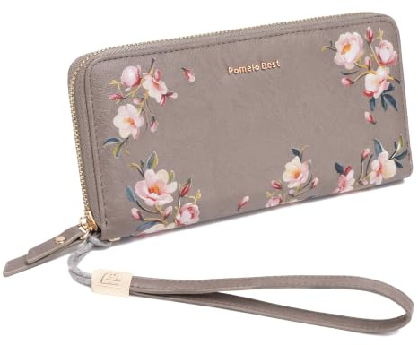 Pomelo Best Womens Purse Large Embossed Flower Zip Wallet with Wrist Strap and RFID Blocker (Greige Camellia)