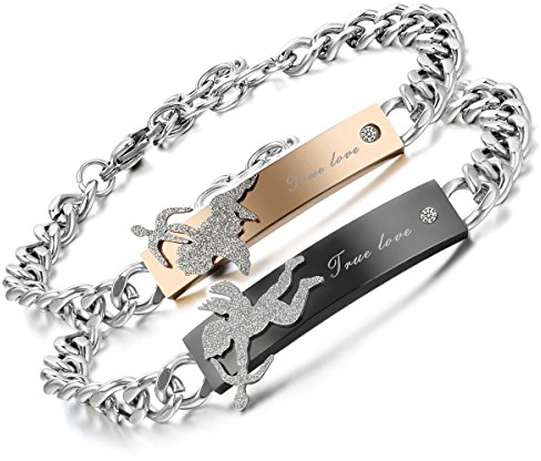 Aroncent Partnerarmband Herren Damen Gliederarmband: 2PCS Lieben Freundschaftsarmband Armreif True Love Cupid Angel Pfeil Edelstahl Gold Schwarz Silber