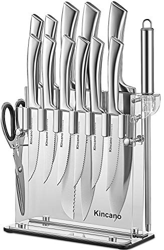 Knife Set, 14 PCS High Carbon Stainless Steel Super Sharp Kitchen Knife Set for Chef with Acrylic Stand, include Steak Knives, Sharpener and Scissors, Ergonomical Design by kincano