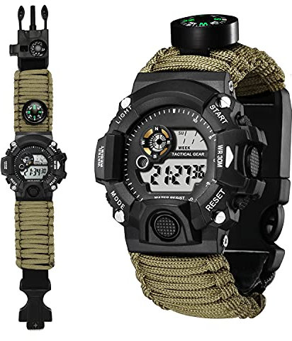 YZOTEK Reloj de pulsera multifunción de supervivencia al aire libre, pulsera deportiva de emergencia, impermeable, herramientas de primeros auxilios con paracord, brújula, termómetro, silbato,