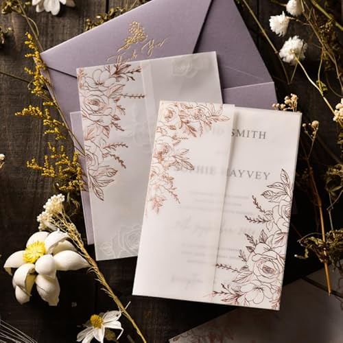 Puremigo 50 Pack Pre-Folded Vellum Jackets for 5x7 Invitations - Rose Gold Foil Pattern - 105GSM Vellum Paper 5x7 Jackets - Vellum Wedding Invitations Wraps - Transparent Wedding Invitations Jacket