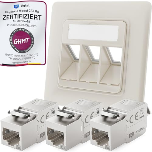 hb-digital 3-port CAT 6a nätverksuttag infälld RAL9010 3X CAT 6a Keystone RJ45-modul LAN Ethernet keystone uttag inbyggt uttag för CAT 5e CAT 6 CAT 6a max. 10 Gbit/s STP – vit