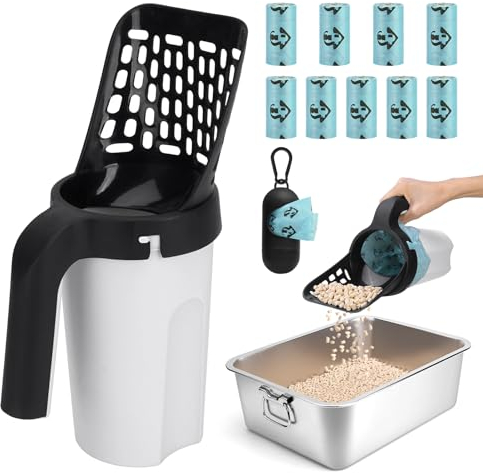 MYPIN Katzenstreuschaufel mit Halter, verbesserte Katzenstreuschaufel mit Beuteln und Abfalldose, Katzenschaufel mit extra 135 Müllbeuteln, große Kapazität, tragbare Streuschaufel