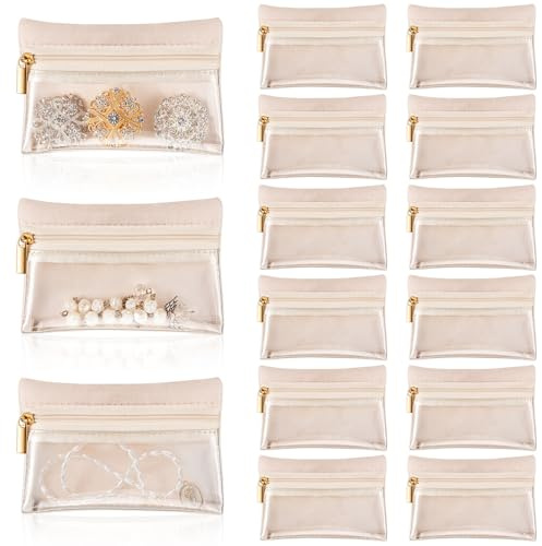 Uiifan 12 Pcs Travel Jewelry Bag Flannel Jewelry Pouch Portable Jewelry Organizer for Jewelry Zipper Pocket, Beige and Clear