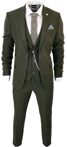 Costume Homme 3 Pièces en Tweed de Laine Mélangée à Carreaux Style Années 20 pour Un Look Habillé Festif - Vert Olive 48