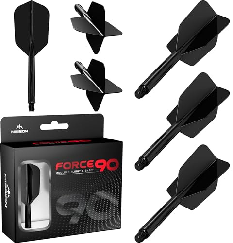 Mission Darts Force 90 | Freccette con sistema integrato di precisione e asta, confezione da 3 alette e steli combinati 2 in 1 professionali altamente durevoli | Slim (nero, corto)