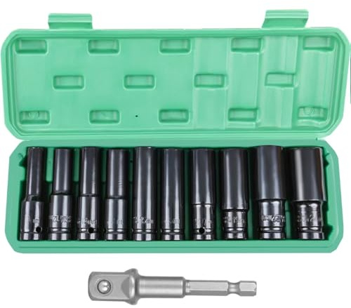 FIFIBANG 10 Piece 1/2'' Deep Impact Socket Set Tool 10, 12, 13, 14, 15, 16, 17, 19, 22, 24 mm, Long Impact Sockets with Socket Adapter