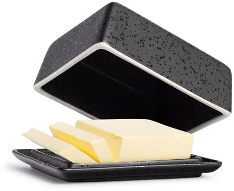 Coral Beurrier en céramique noir pour 250 g de beurre (14 x 12 x 6,5 cm) – Beurrier design adapté à un usage alimentaire – Boîte à beurre vintage et moule à beurre avec couvercle – Boîte à beurre