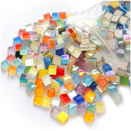 Mosaiksteine Daity Glassteine Glitzerkristall Mosaiksteine zum basteln set mit Pulverdichtmasse Quadrat Dekosteine für Mosaizistin Mosaik Basteln, Fotorahmen, Vase, Untersetzer, Spiegel bunt 400g (J)