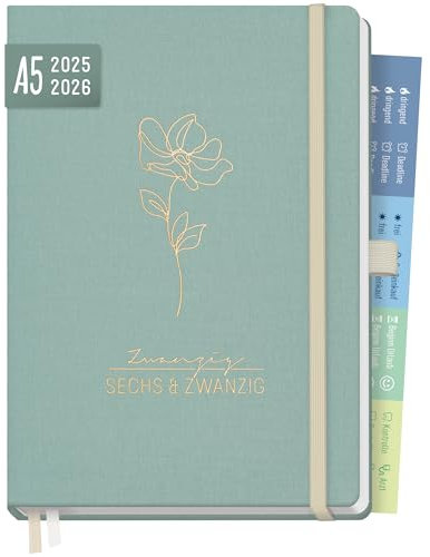Häfft® Chäff-Timer Premium Kalender 2025/2026 A5 Green Canvas Buchkalender, Terminplaner, Terminkalender, Wochenplaner, Wochenkalender 18 Monate: Juli 25 bis Dez 26 - nachhaltig & klimafreundlich