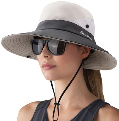 DRESHOW Mujer Sol Sombrero Al aire Libre UV Protección Sombrero Plegable Ala Ancha Pesca Ponytail Playa Bucket Sombreros con Gafas