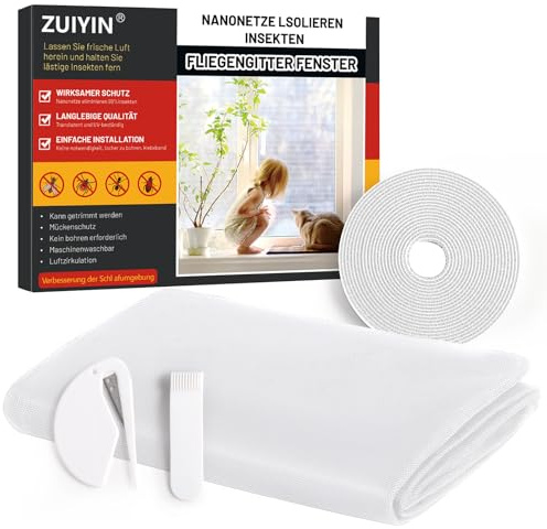 ZUIYIN Fliegengitter für Fenster 2 Stück | 130 x 150 cm | weiß Zuschneidbarer ohne Bohren Insektenschutz mit NexGen 2.0 Hochleistungs-Klebkraft Klettband, Mückennetz für Fenster