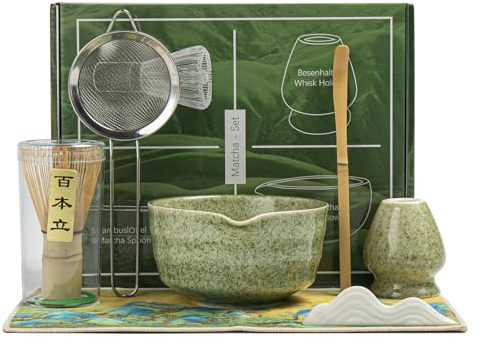 Matcha Set, Matcha Whisk Set Includes Matcha Bowl with Spout, Bamboo Whisk, Matcha Whisk Holder, Sifter, Scoop, Spoon Holder, Tea Towel- 7pcs Perfect Matcha Kit for Matcha Tea Ceremony