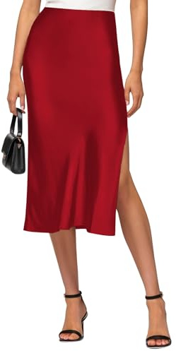 VividHarbor Jupe midi taille haute en satin avec ceinture élastique, fente latérale, coupe évasée, jupes de mariage décontractées pour femmes, Rouge, Taille XL