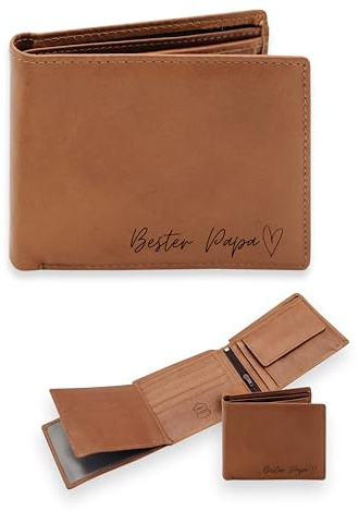 ABENTEUERNAH Portemonnaie Herren, Geldbeutel Männer, Geldbörse, Lederportemonnaie, Lederwallet personalisiert mit deinem Wunschtext Hellbraun (Bester Papa)