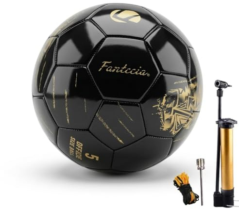 Fantecia Fußball Größe 5, PU-Leder Innen-/Außenfußball für Jugendliche und Erwachsene, Schwarzer Fußball mit Goldprägung