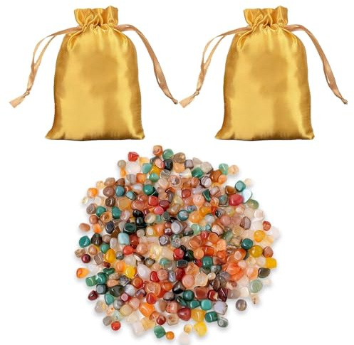 600g Mélange de Naturelles Pierre Précieuse Enfant, Pierres Précieuses et Minéraux Naturels Polis avec 2 Sacs Dorés, 8-12m, Pierres à Tambour multicolores pour Chasse au Trésor (Environ 360 Pièces)