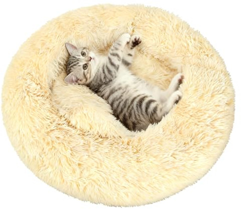 DONWEI Cuccia per gatti soffice, cuscino a ciambella, morbido cuscino per gatti, rotondo, lavabile, in peluche, per cani di piccola taglia e gatti (50 cm, beige)