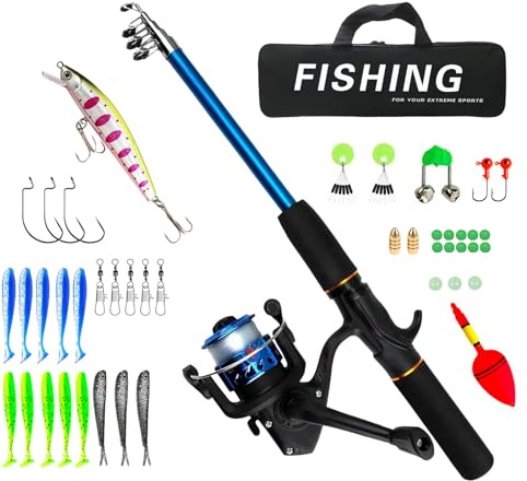 Set da pesca per bambini, 1,6 m, con borsa per il trasporto, set di canne da pesca per bambini con mulinello ed esca, set telescopico, canne da pesca con accessori da pesca per bambini dai 3 ai 10