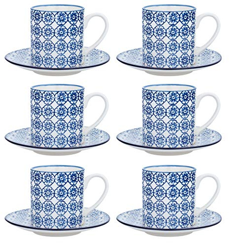 Nicola Spring 12 Piece Hand Printed Navy Espresso Cup and Saucer Set 65ml Porcelain Coffee Cups with Saucers Shabby Chic Patterned Design Dishwasher Microwave Safe