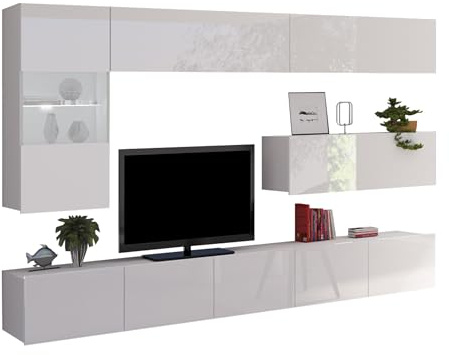 Moderna parete Calabrini IV, parete multimediale, TV bassa, vetrina sospesa, mensola da parete, mobile per soggiorno, TV (con illuminazione a LED bianca, bianco lucido)