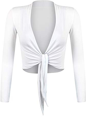 Gloop Damen Schöne, Elegante Bolero Jäckchen Langarm Bolero zum Knoten, Weiß, M,Weiß,M