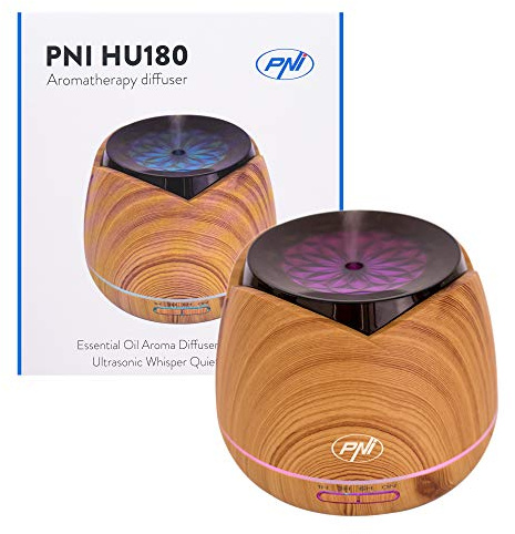 Difusor de aromaterapia PNI HU180 para aceites esenciales, ultrasonido, 400 ml, temporizador, LED de 7 colores, cierre automático, grano de madera