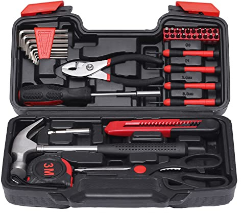 39-Piece Household Tools Kit - Small Basic Home Tool Set with Plastic Toolbox - Great for College Students, Household Use & More