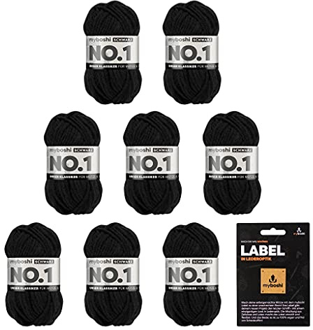 myboshi No.1 Wolle zum Häkeln und Stricken, Schnellstrickgarn, inkl. Label, Strickwolle, Häkelwolle, mulesing-frei, Ll. 55m /50g, 30% Wolle (Merinowolle) Schwarz (Schwarz), 8 Knäuel