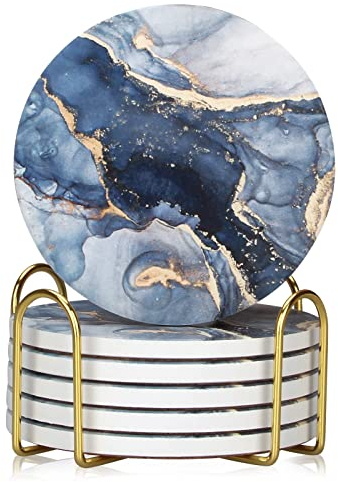 6 Pcs Navy Blue Marble Abstract Ceramic Coasters with Holder Best Absorbent Drink Coasters Round Ceramic Table Coasters Set Decorative Coffee Cup Beverage Coasters Wine Beer Bar Coasters