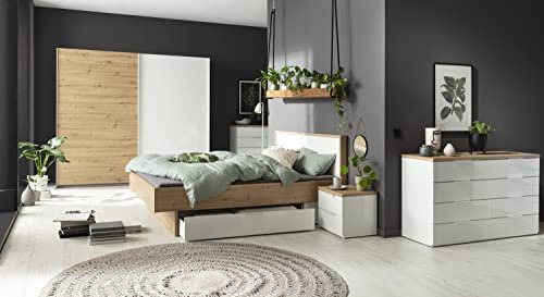 Composad | Camera da Letto Completa della Linea MUNDI, Set di 6 Mobili, Letto Matrimoniale, Armadio, Comodini, Cassettiera, Comò, Colore Rovere Mielato e Bianco Laccato, Made in Italy