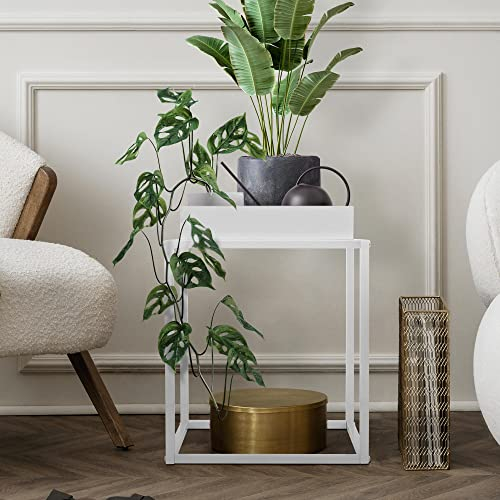 ML-Design Pflanzenständer Weiß aus Metall, 35x35x46 cm, quadratisch, stapelbar, Ablagefläche mit hohem Rand, Blumenständer mit abnehmbarem Tablett, Innen/Außen, Pflanzkasten Blumenkasten Beistelltisch