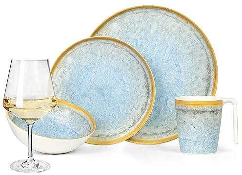Vaisselle de camping en mélamine pour 4 personnes - Bleu cristal + 4 verres à vin Milano blancs