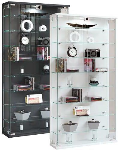 VCM Glasvitrine hängend | Vitrine Glas mit ESG-Sicherheitsglas | Maße ca. H. 114 x B. 59 x T. 17 cm | Hängevitrine Glas | Modern und platzsparend | Glas Vitrinenschrank - Relas L