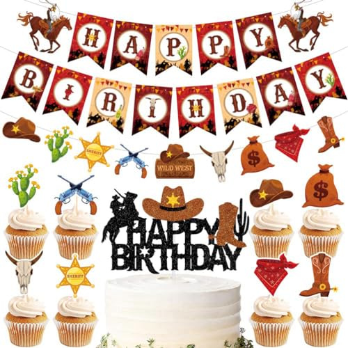 MiaLover cowboy partydekorationer set grattis på födelsedagen cowboy tema partyset innehåller Happy Birthday-banner, ballonger cowboy tema cupcake-toppare för barn pojkar vuxna födelsedag