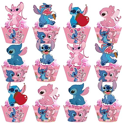 HotcoS Pink Stitch Cake Cupcake and Wrappers Paper Wraps Decoration Supplies Stitch Cupcake Topper for Kids Birthday Party (Pink)