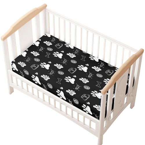 Odot Spannbettlaken für Kinderbett, Tier Fußabdrücke Drucken Kinderwagen Matratzenbezug, Weiche Babybett Spannbetttuch Stubenwagen Bezug, Beistellbett Spannbettlaken (Schwarz weiß,40x90 cm)