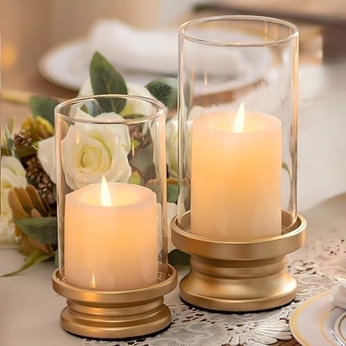 NUPTIO Portacandele A Uragano Oro: Set Di 2 Portacandele Candele A Colonna Con Manicotto In Vetro Trasparente Supporti Decorativi In Metallo Matrimonio Festa Di Natale Tavola Da Pranzo Centrotavola