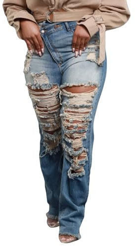 Geulis Women's High Waisted Skinny Ripped Jeans Boyfriend Asymmetrical Stretchy Jeans Distressed Denim Pants Blue