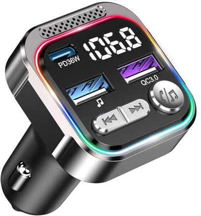 ORIA Bluetooth FM Transmitter Auto, 66W KFZ Bluetooth 5.3 Radio Adapter, PD 36W & QC3.0 Schnellladegerät, Freisprechen, Buntes Umgebungslicht, Unterstützen BT, USB-Disk