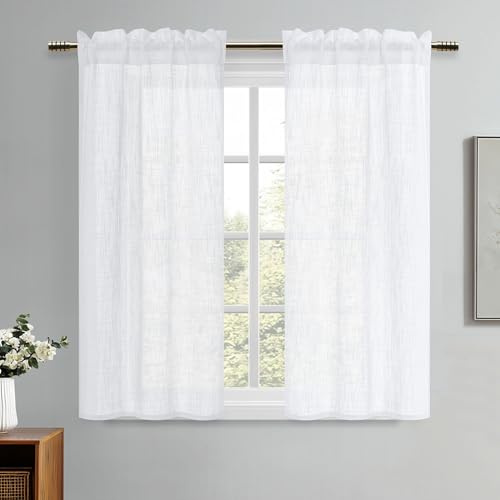 DWCN Vita fönstergardiner linneutseende gardiner halvtransparenta gardiner korta 2 stycken H 120 x 60 cm, moderna fönstergardiner för köksgardiner, husvagn, skåpgardin, vardagsrum, bistrogardin
