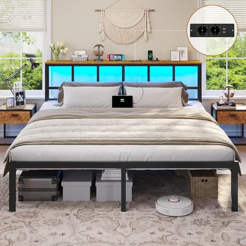 Brinlawb Cadre de Lit 160x200 avec Sommier Métal Lit 2 Personnes avec Lumières LED & Multiprise (2 Prises AC, 2 Ports USB) lit double 160x200 cm avec Rangement, Facile à Assembler, Marron Vintage+Noir