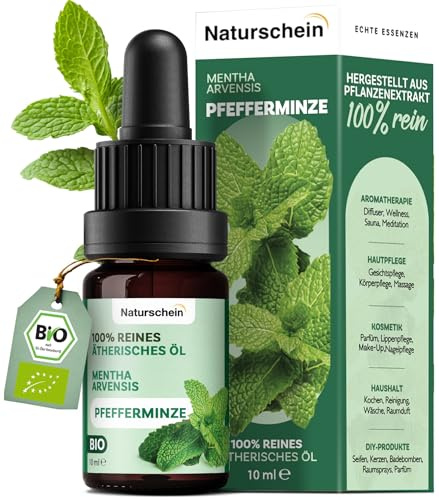 Naturschein BIO Pfefferminzöl 10ml [100% Naturrein] | Ätherisches Öl aus japanischer Minze (Mentha arvensis) | Für Aromatherapie, Hautpflege & Küche | Bio-zertifiziert & vielseitig anwendbar