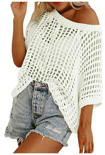 Genérico Conjuntos de Liquidación Tops para Mujeres Suéter de Manga Corta y Cuello Redondo para Mujer Casual Top de Ganchillo Calado, Camisas de Playa, Cover-Up para Verano Camiseta Chef