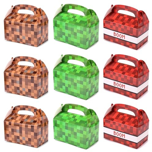 18st Stycken Pixelpresentaskar, 3 Färger Speltema Presentaskar med Handtag Pixelfesttillbehör för Pojkar Flickor Födelsedagsdekorationstillbehör (Grön/Brun/Röd)