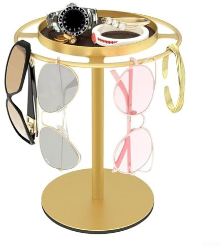 Yuanpgky Organizador de gafas de sol giratorio de 360°, con bandeja extraíble, soporte de almacenamiento de metal para gafas, relojes, anillos y joyas, para el hogar u oficina (dorado)