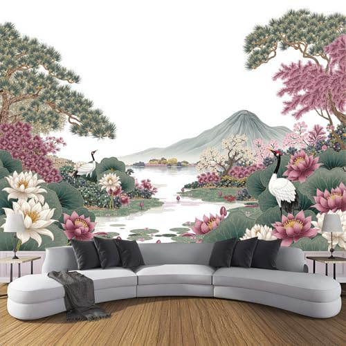 SMBHIAON Papier peint panoramique artistique 450×315 CM - Revêtement mural décoration chambre salon - Style Artistique Chinois - Turquoise - Éléments De La Grue Et Du Lotus